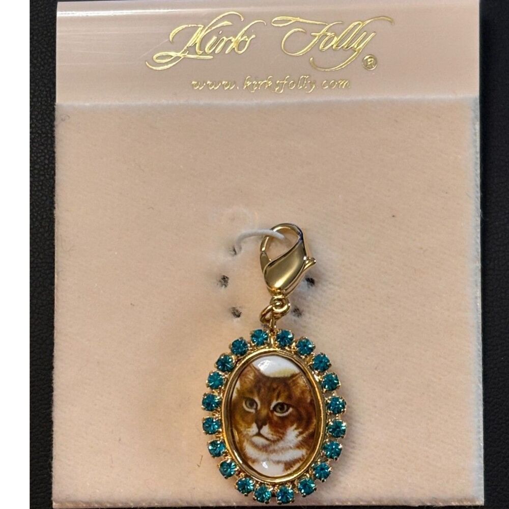 VTG Kirks Folly Teal Rhinestone Cameo Cat Portrait Charm Pendant